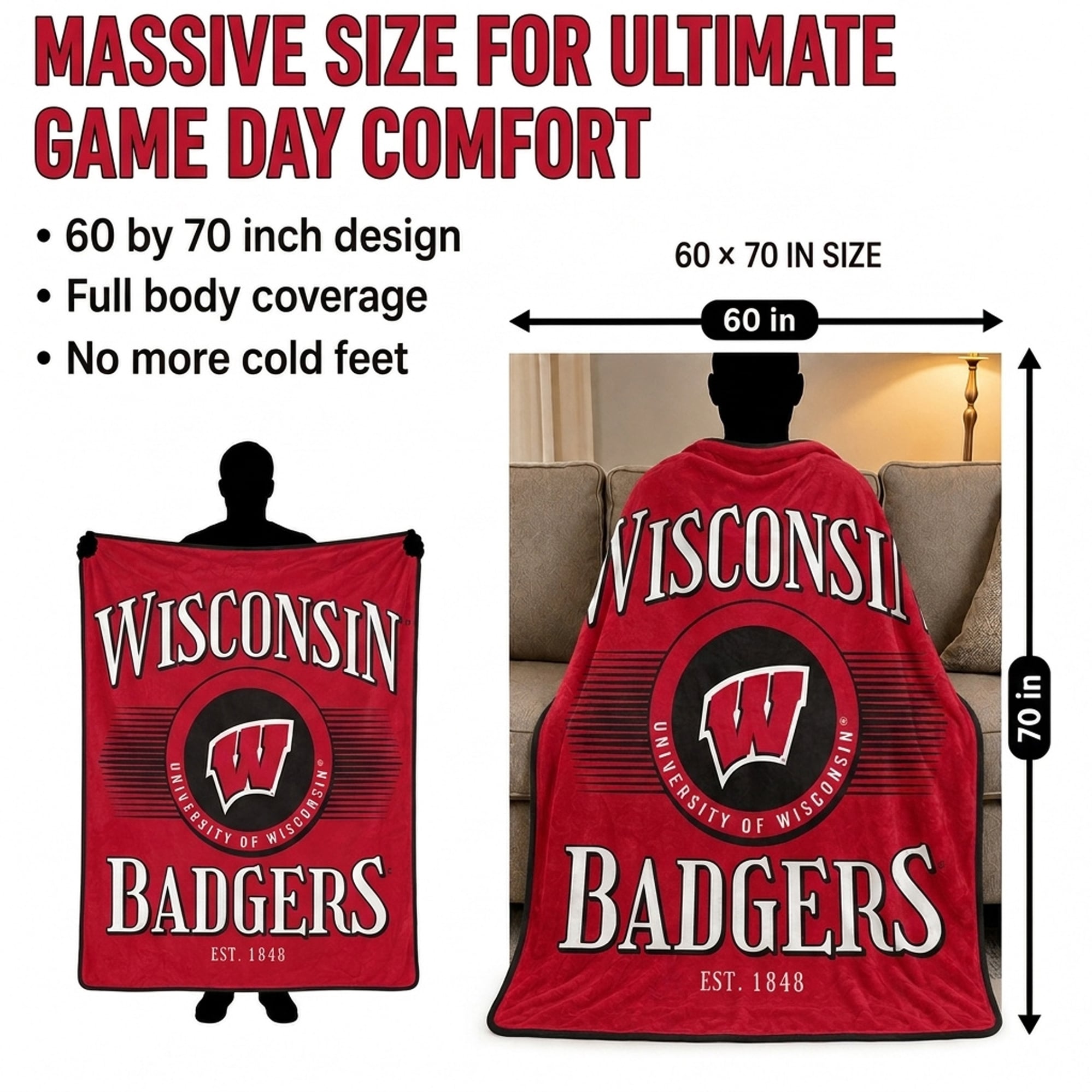 Couverture Pegasus Wisconsin Badgers Spotlight Arch 60" x 70" ultra douce