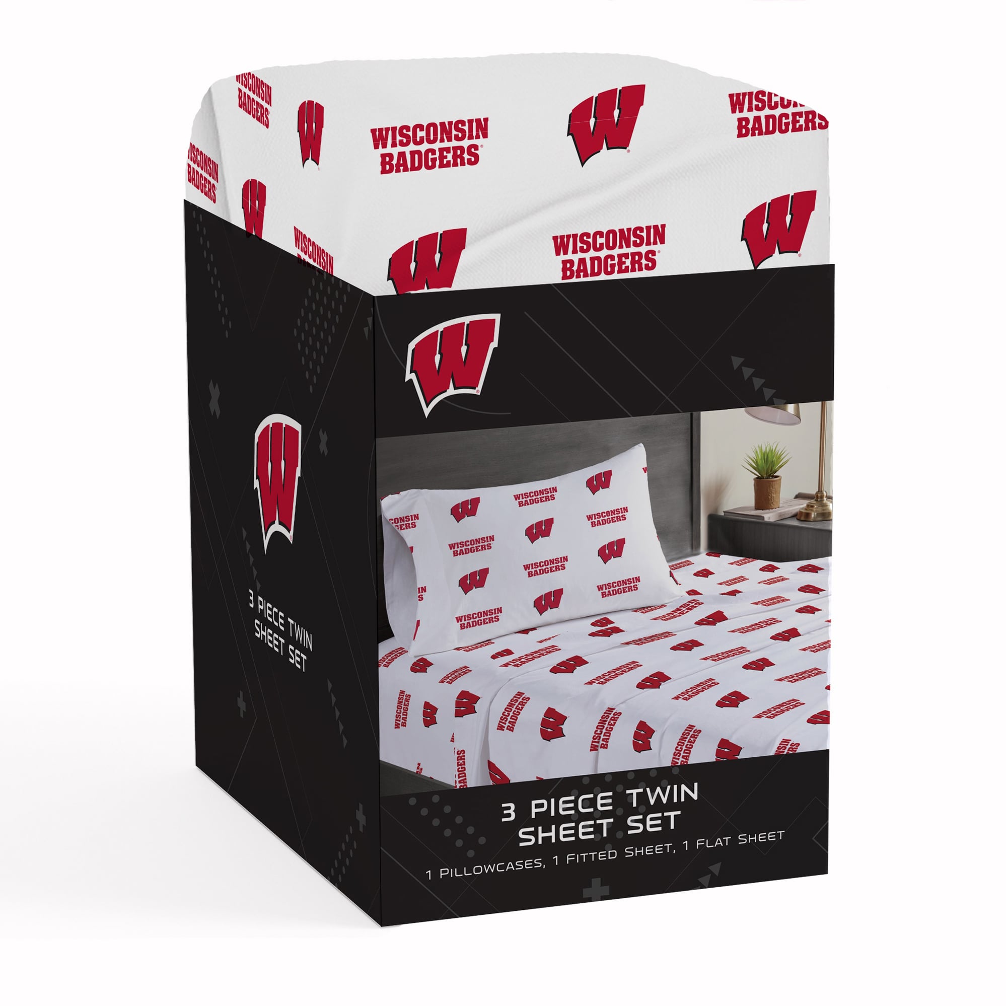 Ensemble de draps trois pièces Pegasus Wisconsin Badgers pour lit simple