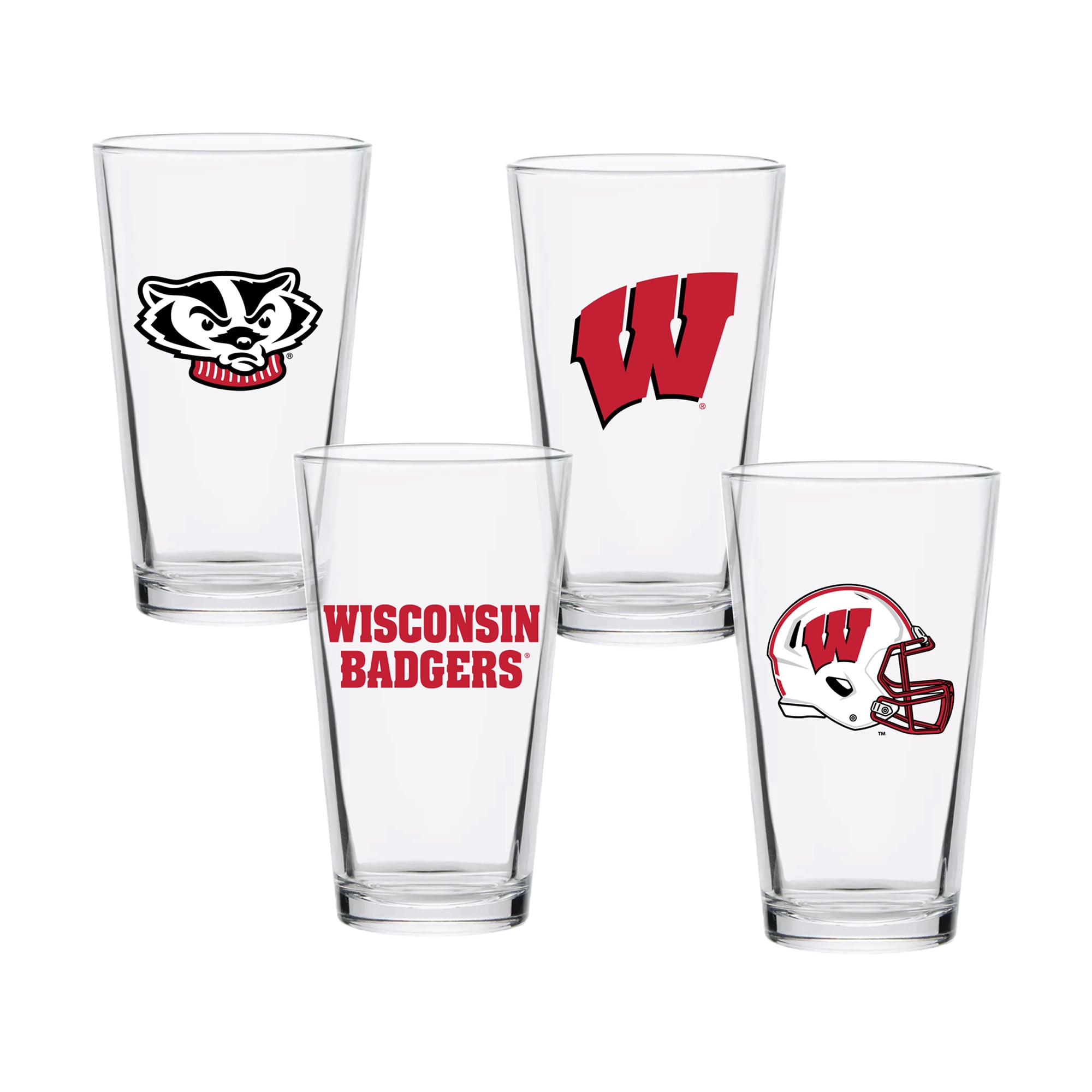 Ensemble de quatre verres à bière de collection Wisconsin Badgers de 473 ml (16 oz).