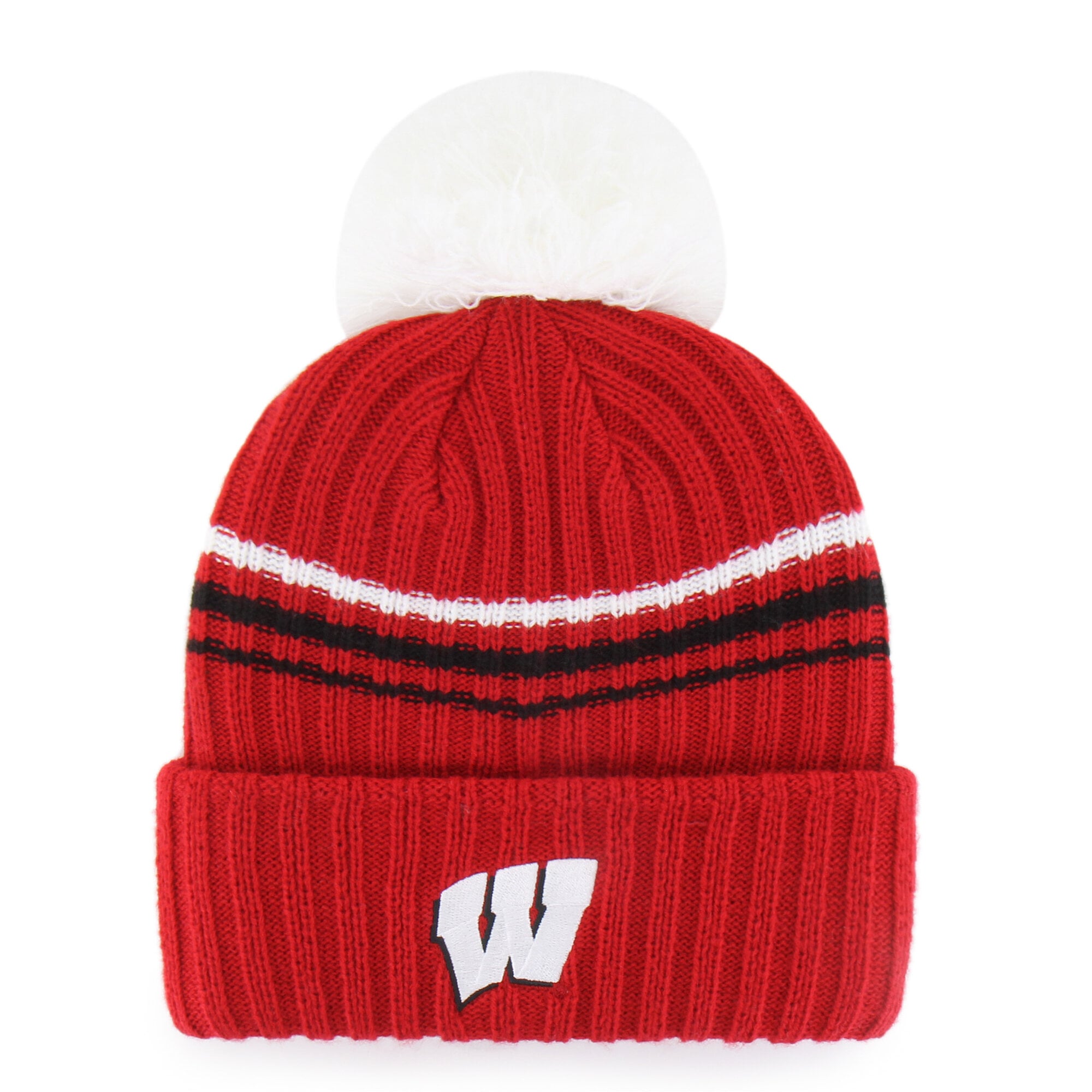 Bonnet tricoté à pompon et inscription duveteuse « 47 Red Wisconsin Badgers » pour femme