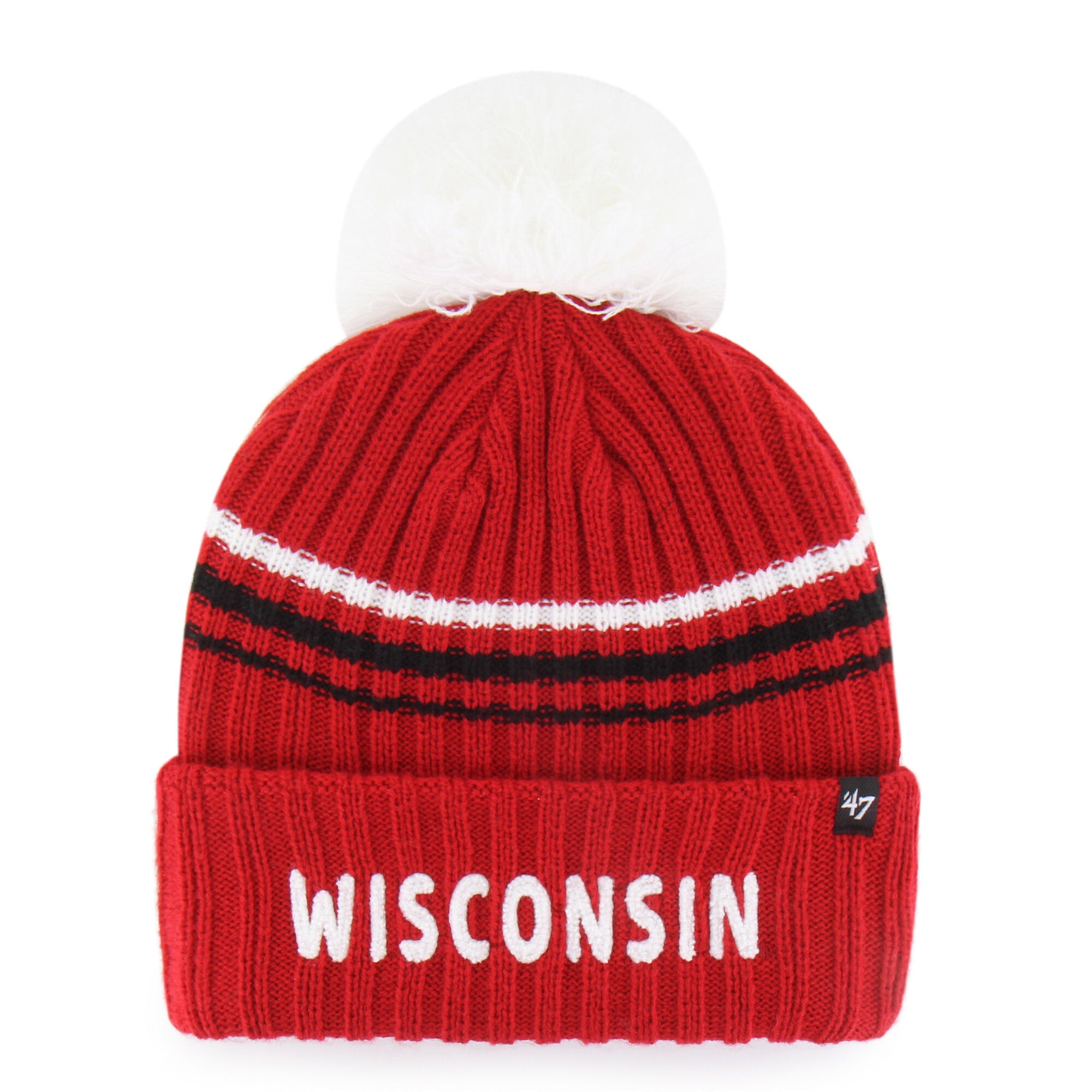 Bonnet tricoté à pompon et inscription duveteuse « 47 Red Wisconsin Badgers » pour femme