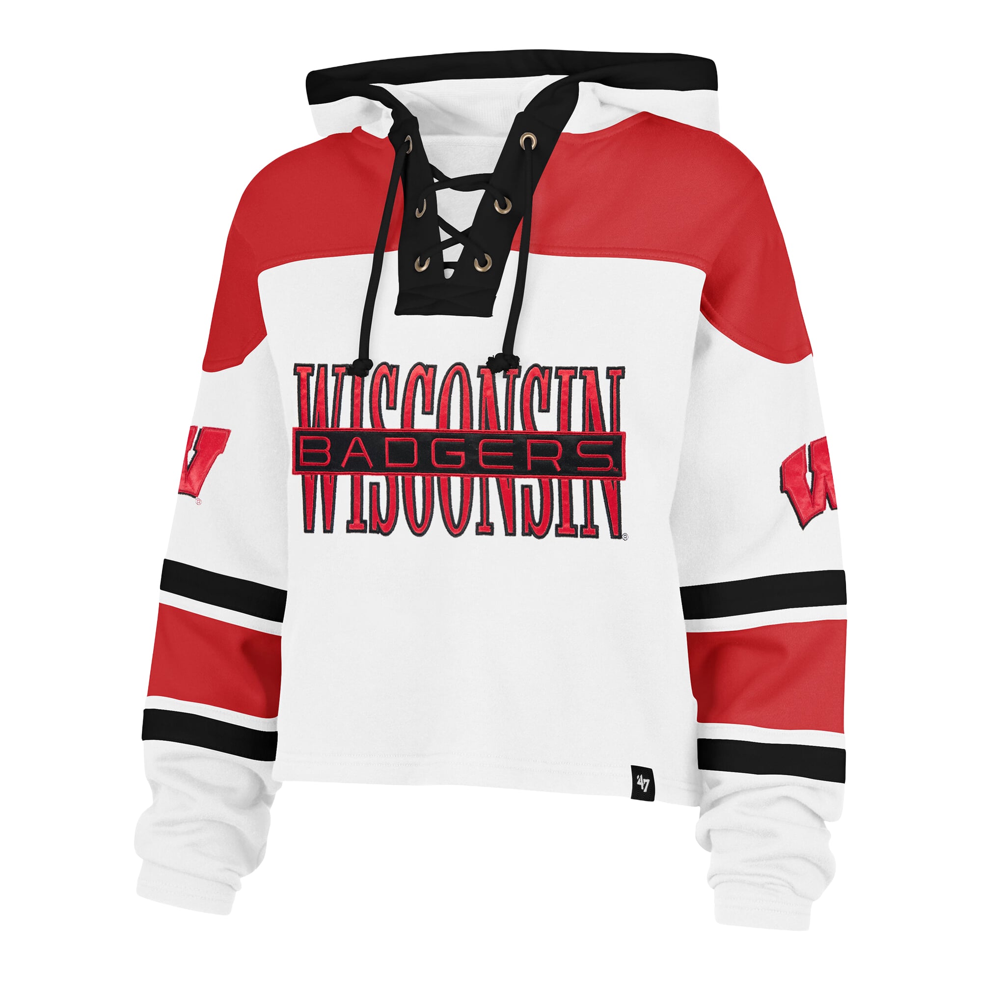 Women's '47  White Wisconsin Badgers Cut Thru Cropped Superior Lacer Pullover Hoodie