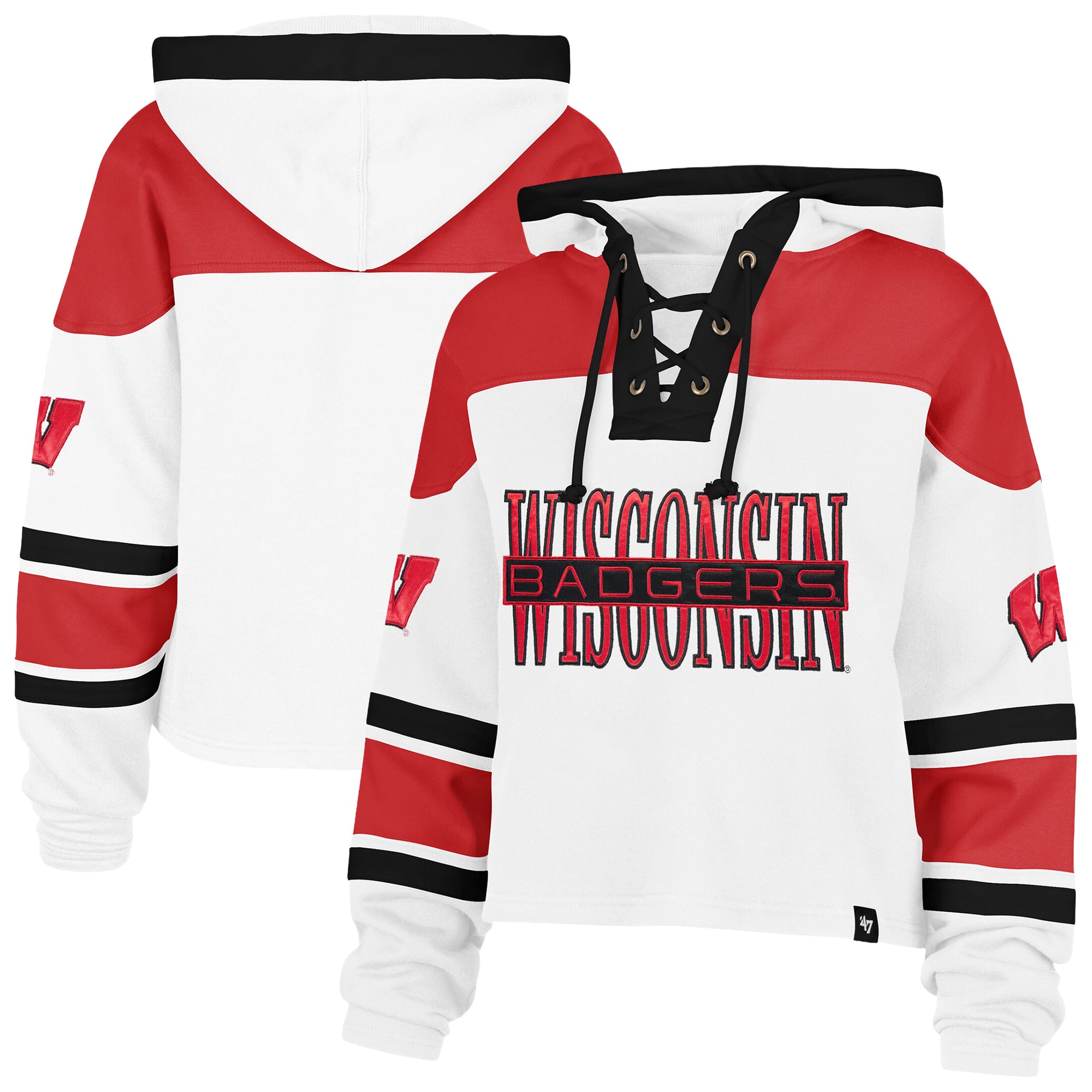Women's '47  White Wisconsin Badgers Cut Thru Cropped Superior Lacer Pullover Hoodie