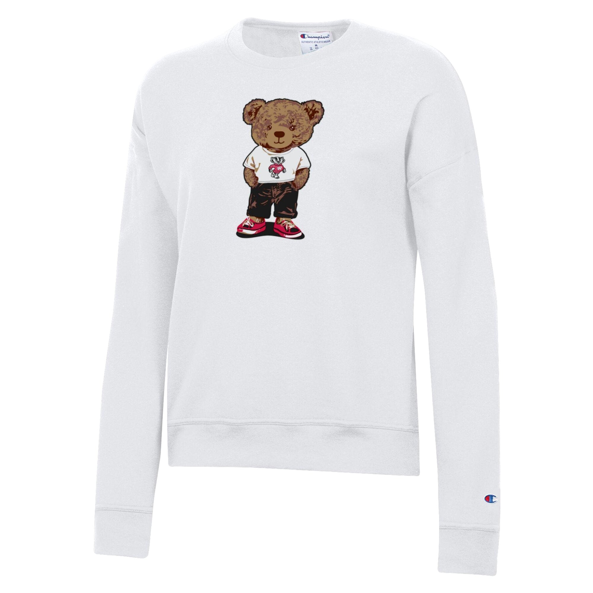Women's Champion White Wisconsin Badgers Teddy Bear Fleece Sweatshirt