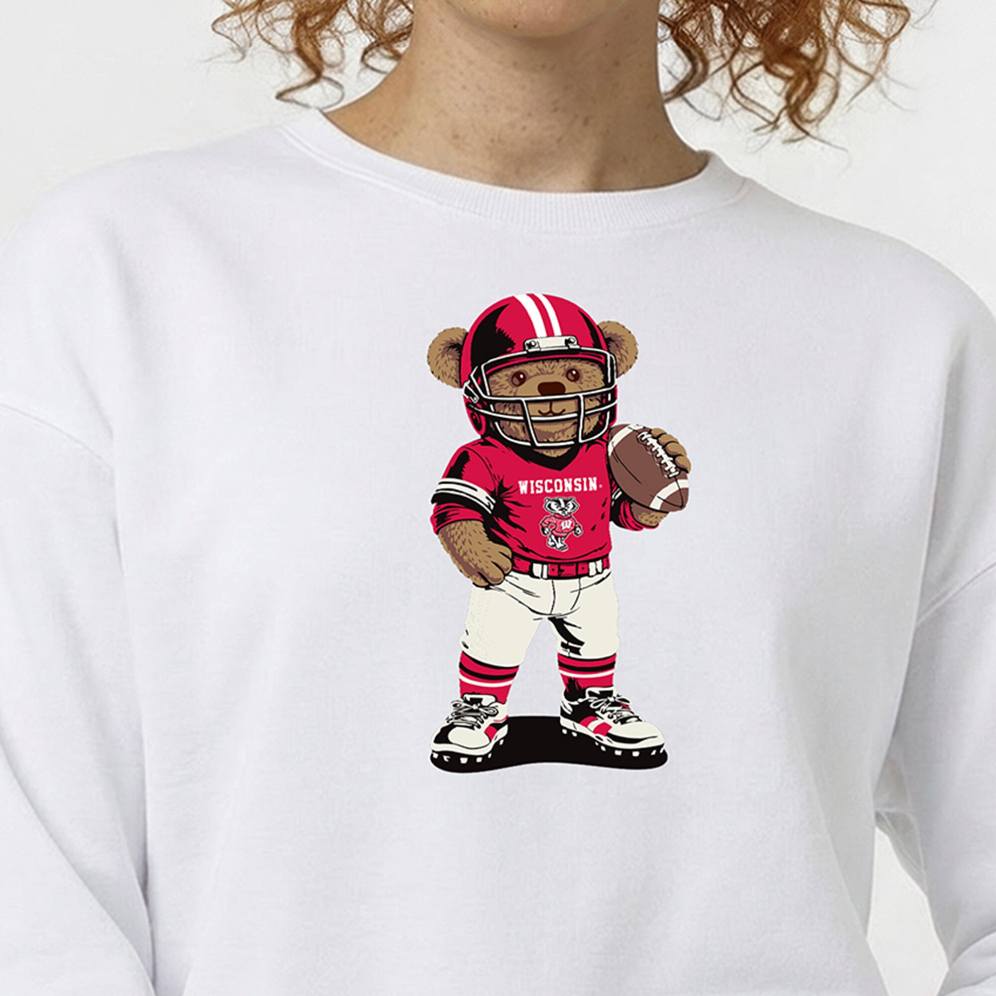 Women's Champion White Wisconsin Badgers Teddy Bear Sweatshirt