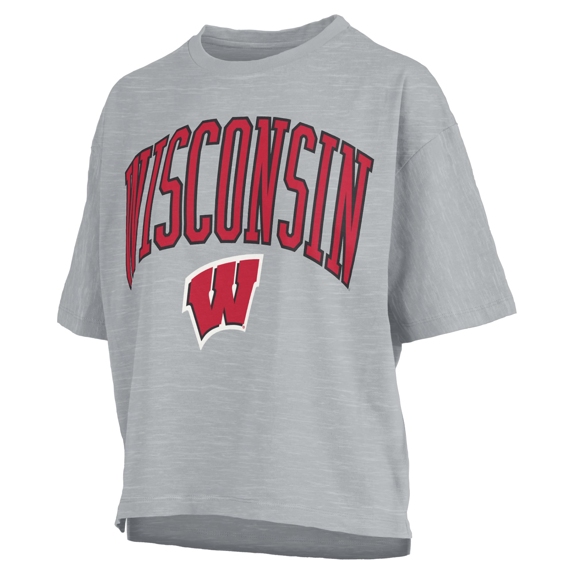 T-shirt oversize Pressbox Red Wisconsin Badgers pour femmes, logo Nelson Arch Over, en flammèche