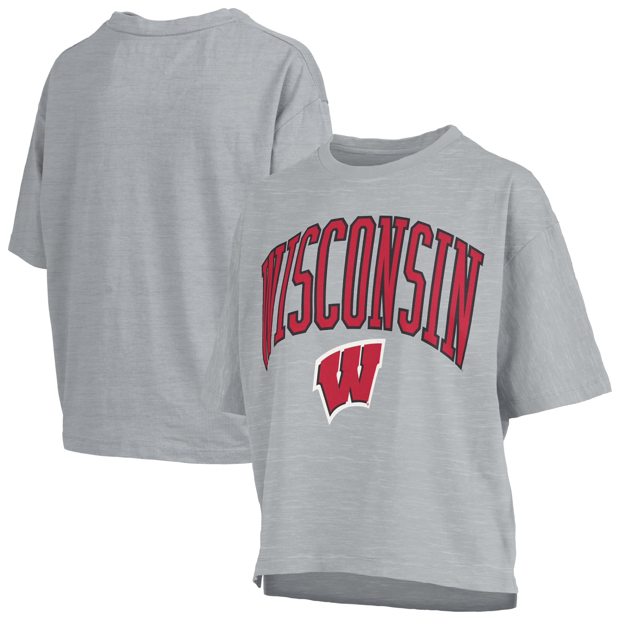 T-shirt oversize Pressbox Red Wisconsin Badgers pour femmes, logo Nelson Arch Over, en flammèche