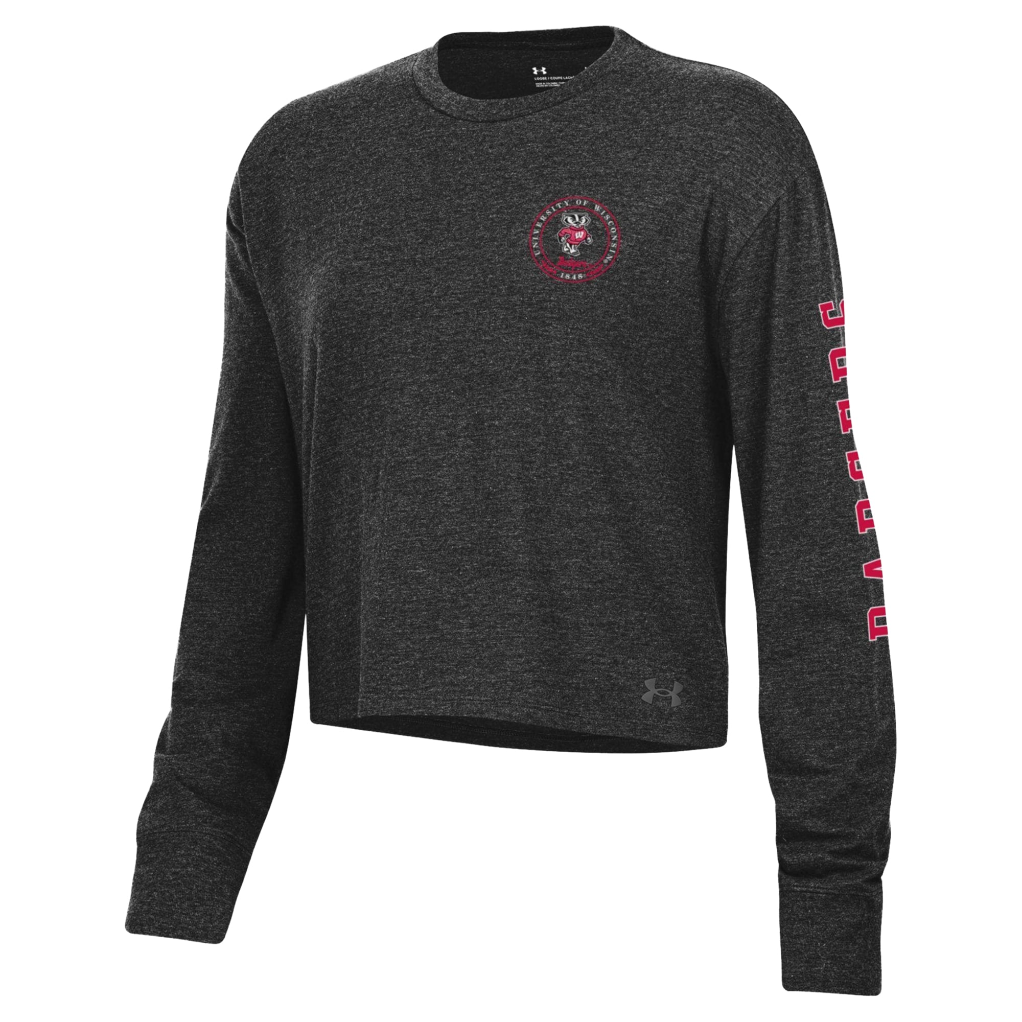 T-shirt court à manches longues Under Armour Black Wisconsin Badgers Icon Sleeve Two-Hit pour femme, en mélange de trois matières.