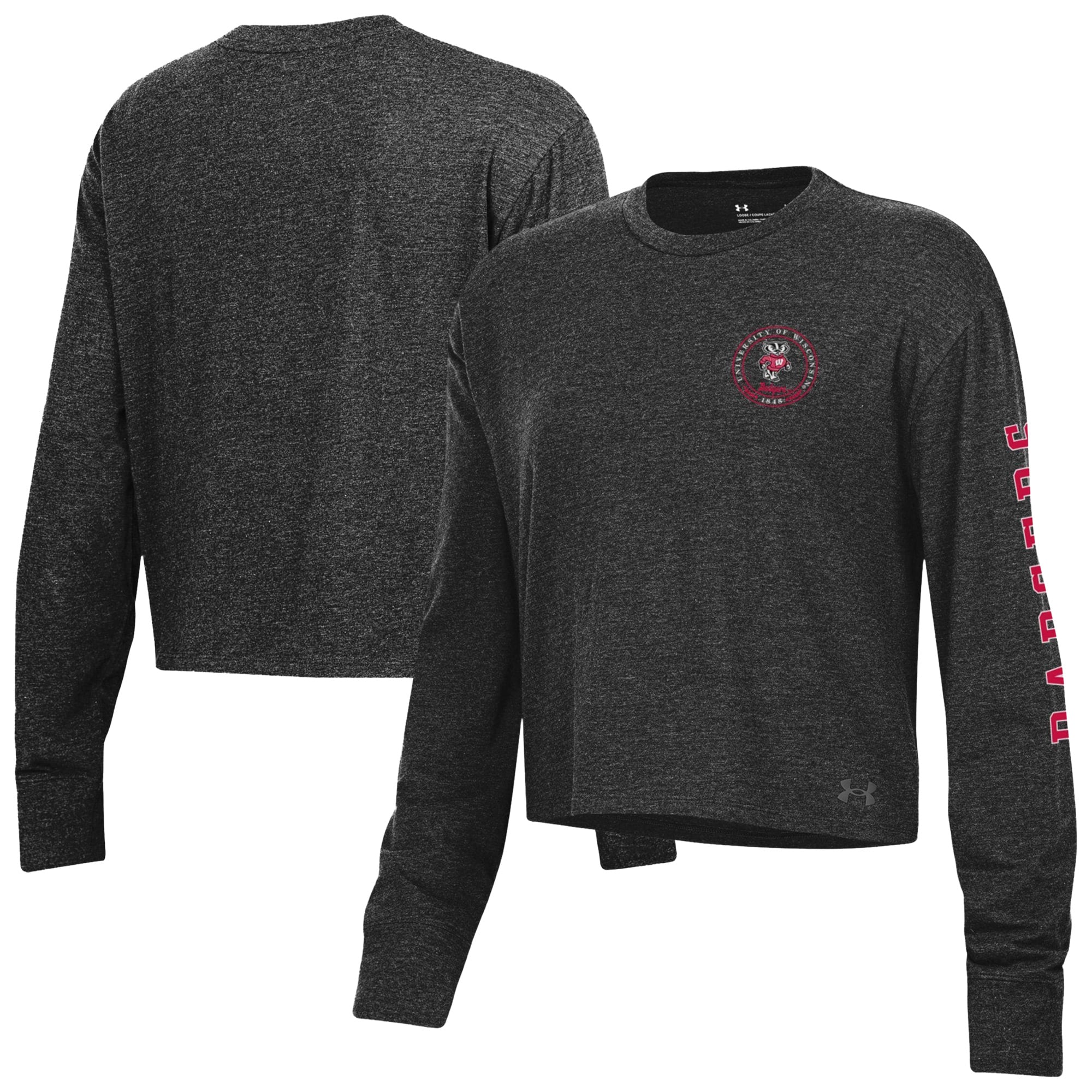 T-shirt court à manches longues Under Armour Black Wisconsin Badgers Icon Sleeve Two-Hit pour femme, en mélange de trois matières.