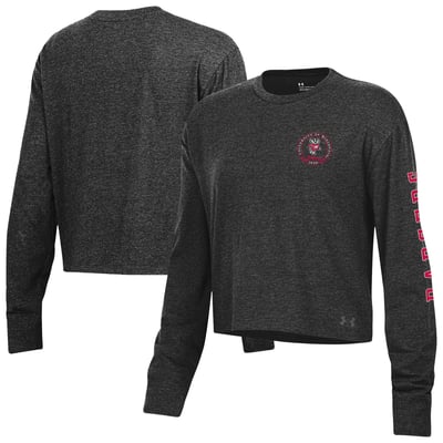  Wisconsin Badgers Under Armour Women's Icon Sleeve Two-Hit Long Sleeve Cropped Tri-Blend T-Shirt - Black