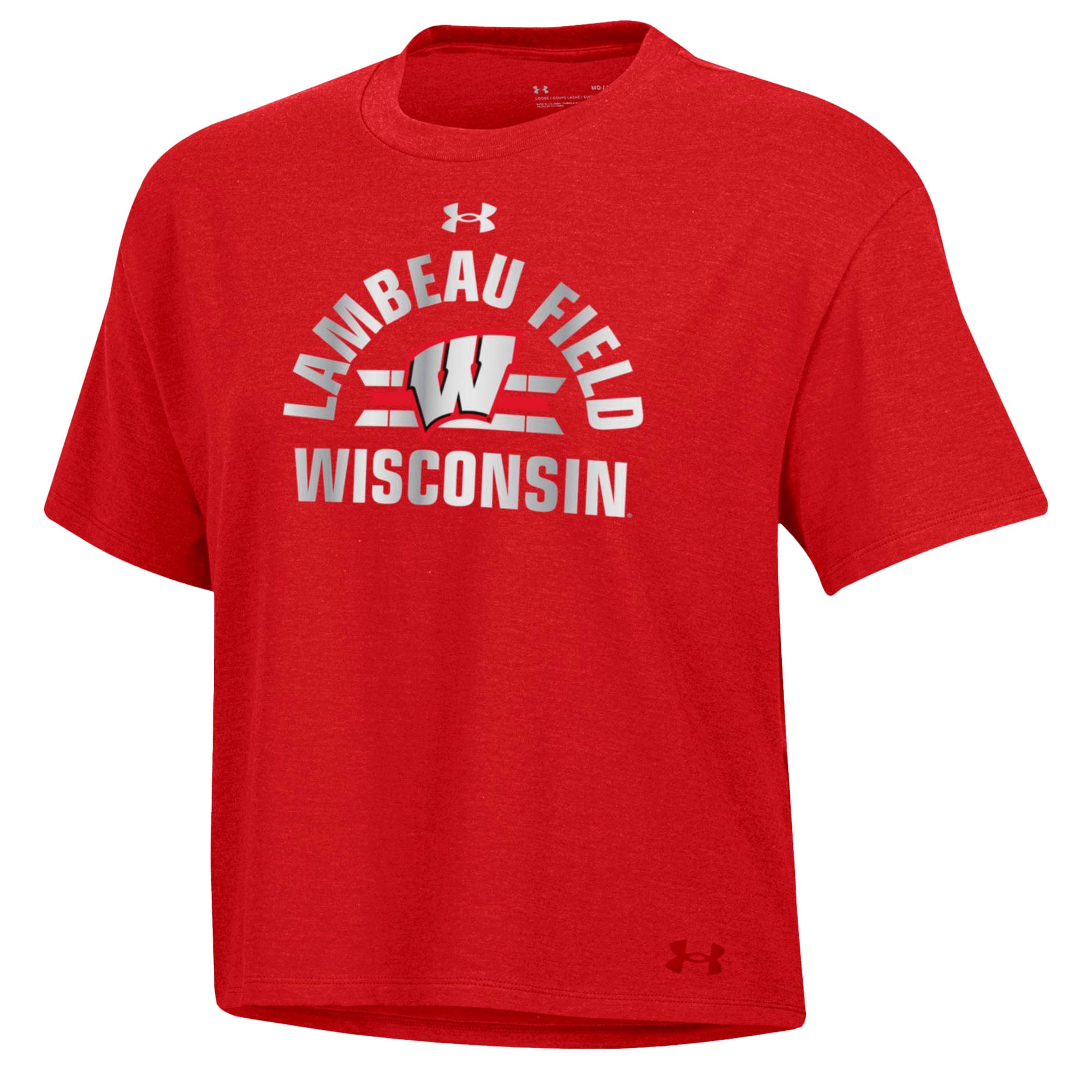 T-shirt Under Armour rouge Wisconsin Badgers 2026 Lambeau Field Collection pour femme, coupe carrée, en mélange de trois matières.