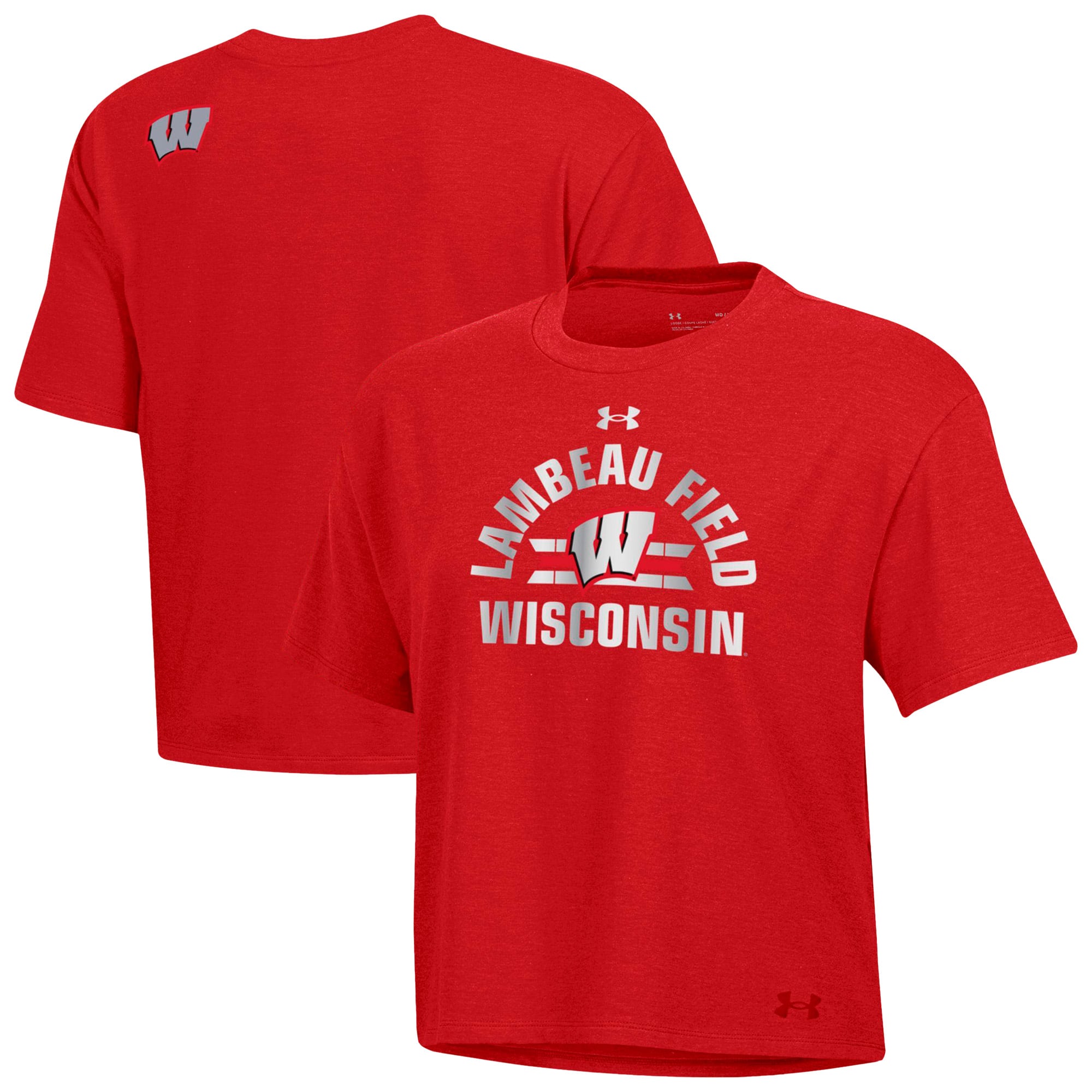 T-shirt Under Armour rouge Wisconsin Badgers 2026 Lambeau Field Collection pour femme, coupe carrée, en mélange de trois matières.