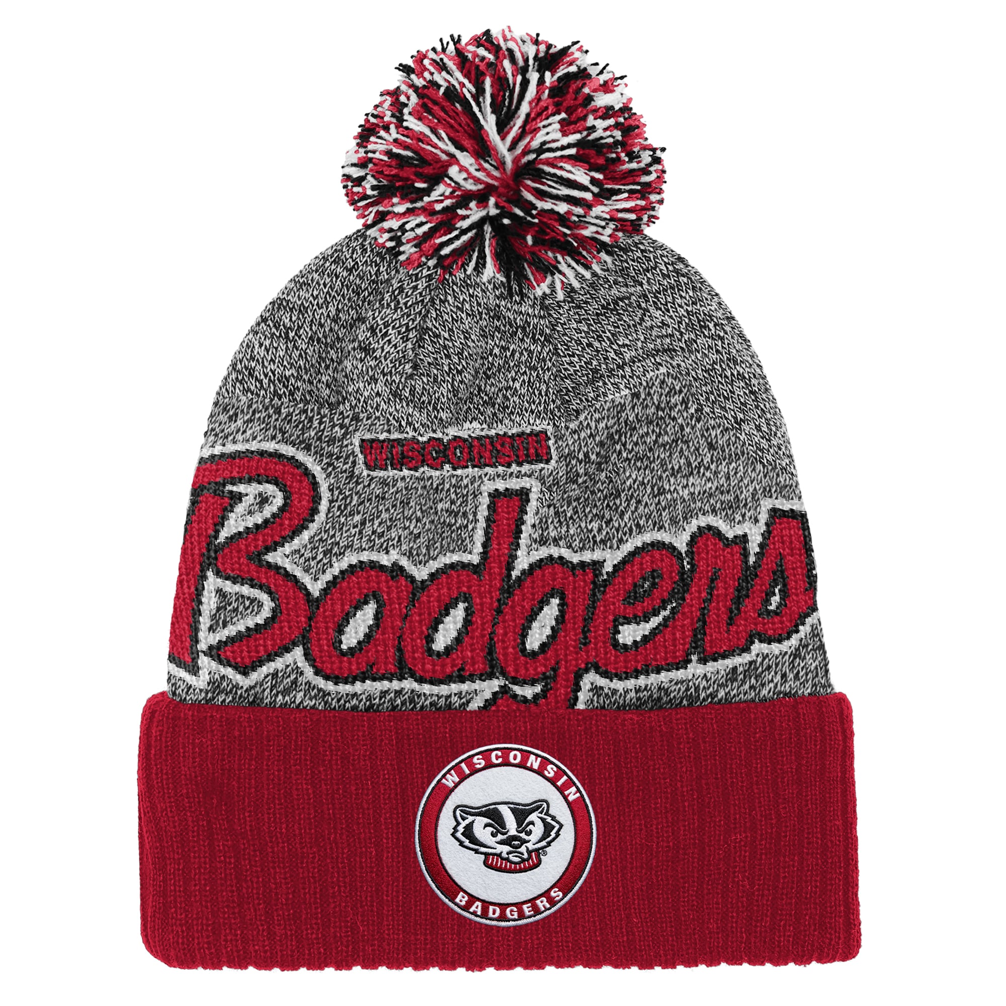 Bonnet tricoté à revers Mitchell & Ness rouge Wisconsin Badgers avec pompon, pour enfant