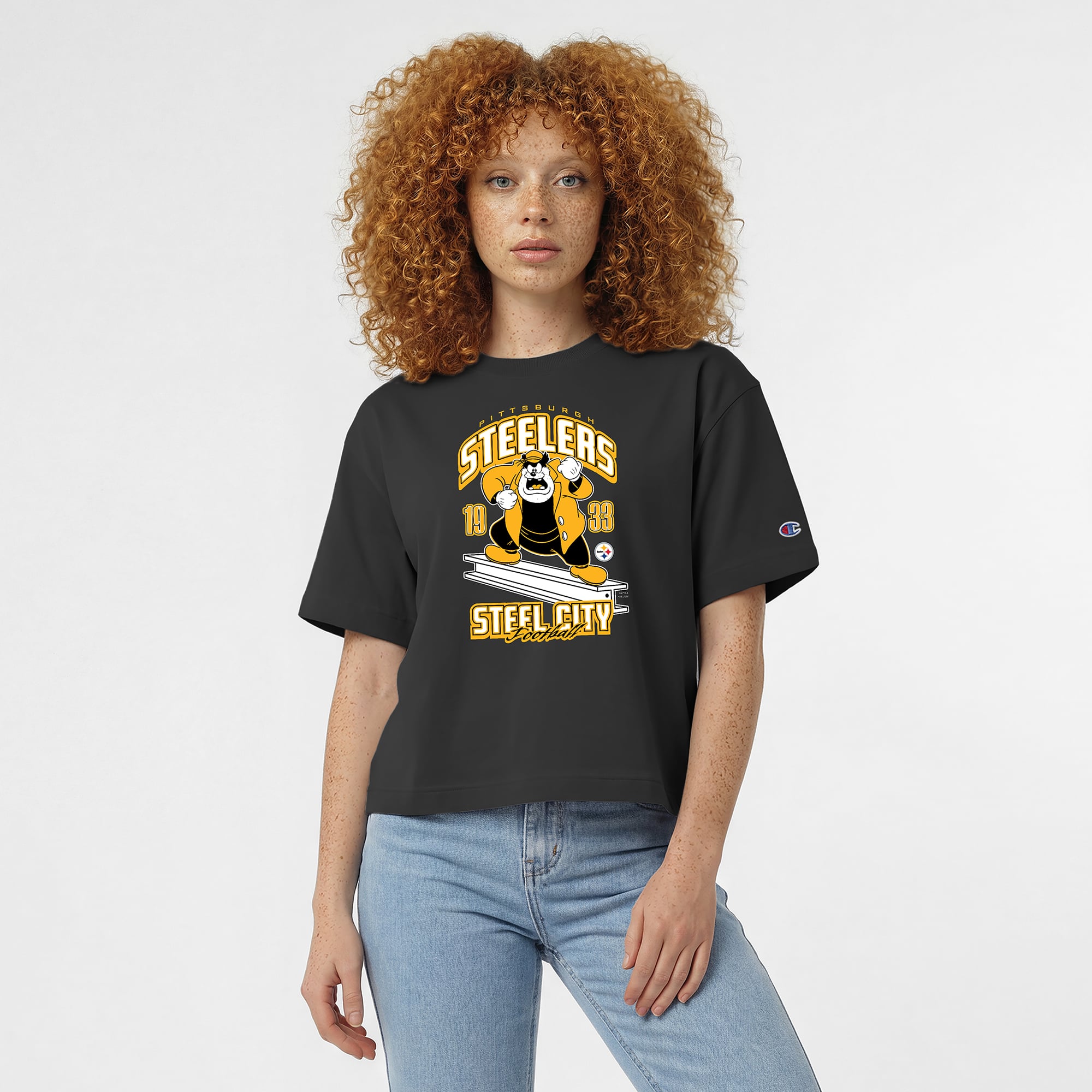 T-shirt Disney x Champion noir Pittsburgh Steelers Pete All-Star pour femmes