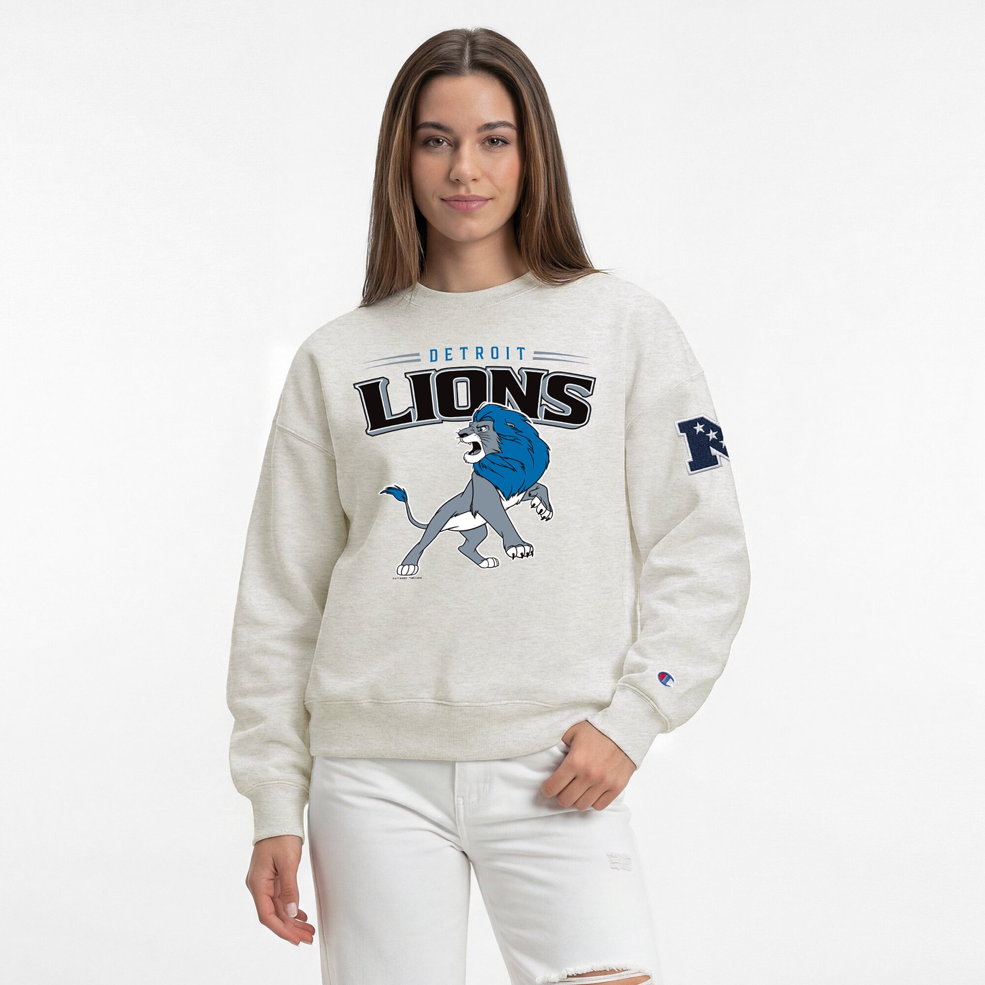 Sweat-shirt polaire à col rond Disney x Champion couleur avoine Detroit Lions All-Star pour femme