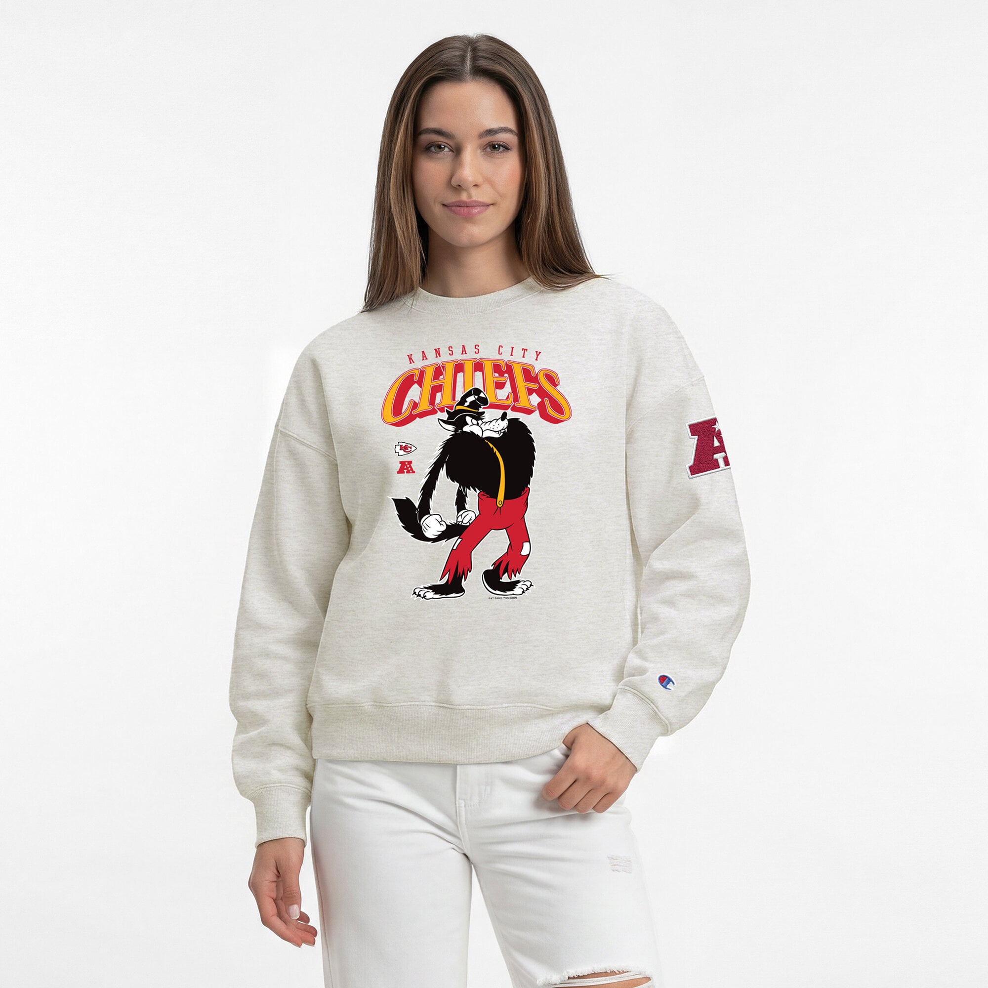 Sweat-shirt polaire Disney x Champion pour femme, couleur avoine, Kansas City Chiefs All-Star