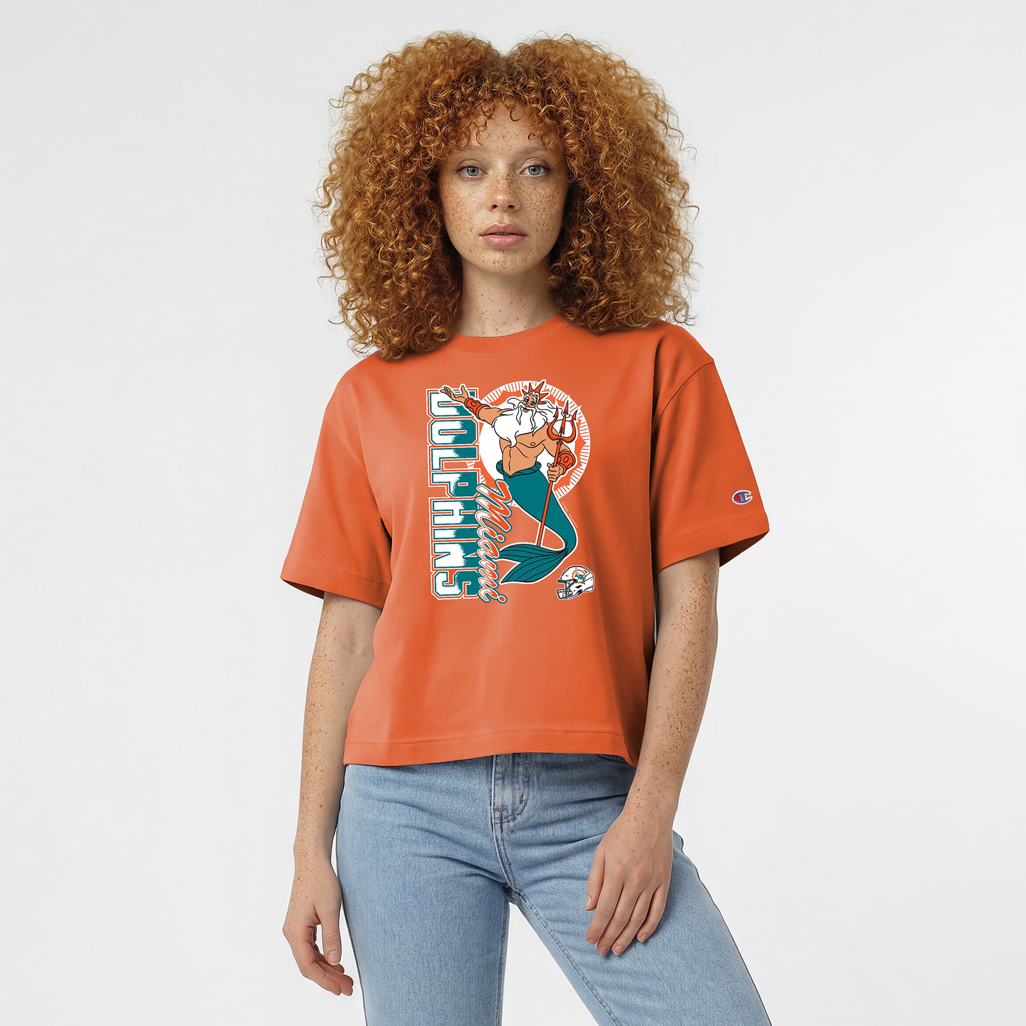 Women's Disney x Champion Orange Miami Dolphins King Triton All-Star T-Shirt