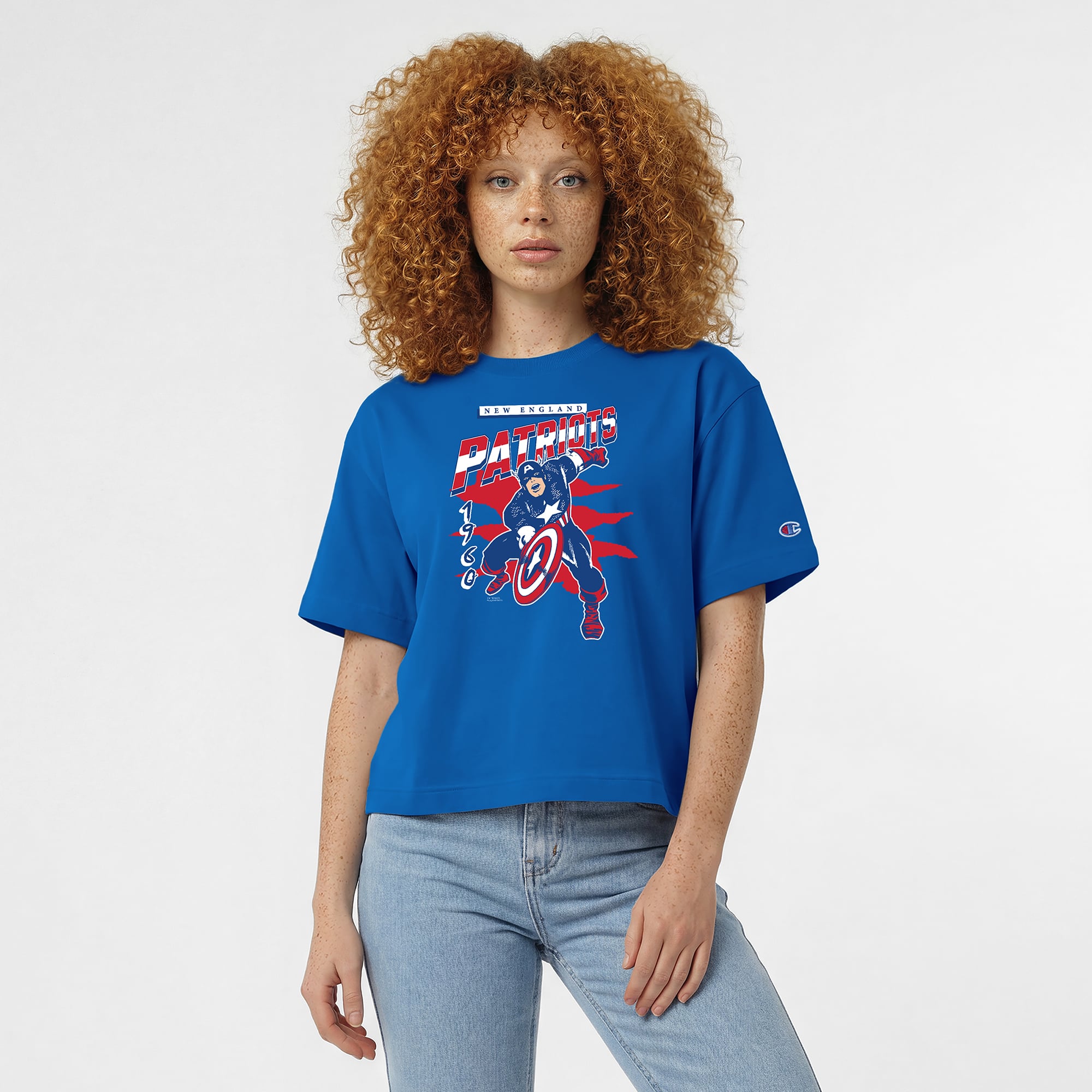 Women's Disney x Champion Royal New England Patriots Captain America All-Star T-Shirt