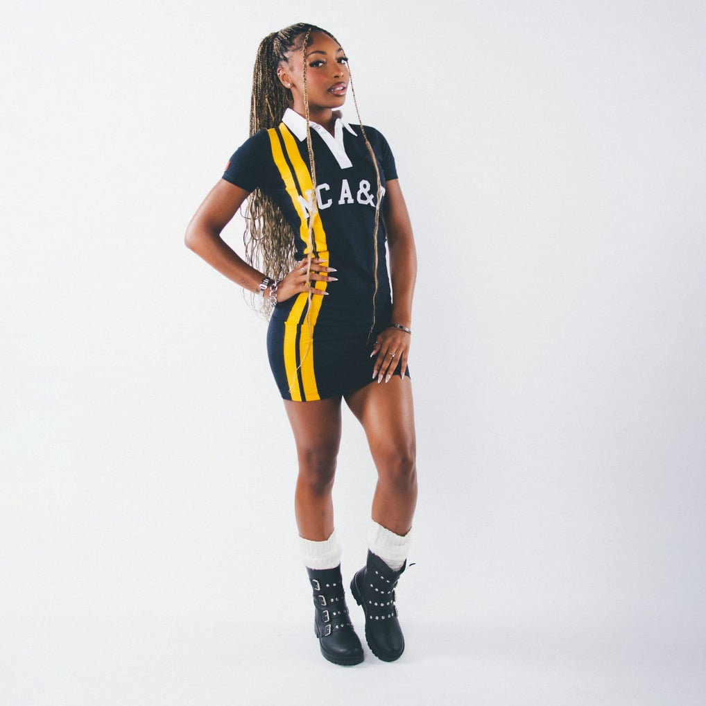 unc jersey dress Womens LHP navy North Carolina A&T Aggies Striped Rugby model-ysabella