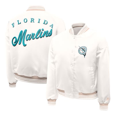 Florida Marlins Starter Women's Cooperstown Collection Fashion Script Satin Full-Snap Varsity Jacket - Cream
