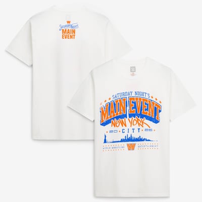 T-shirt rétro « Saturday Night's Main Event 2026 » avec la skyline de New York - Crème