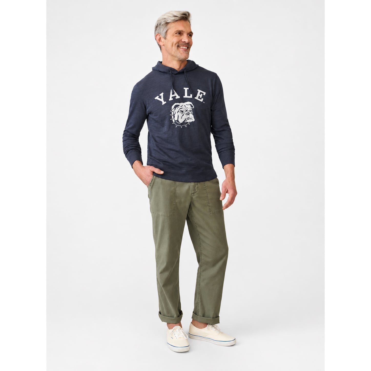 Sweat à capuche FAHERTY bleu marine Yale Bulldogs pour homme, en tissu flammé délavé.