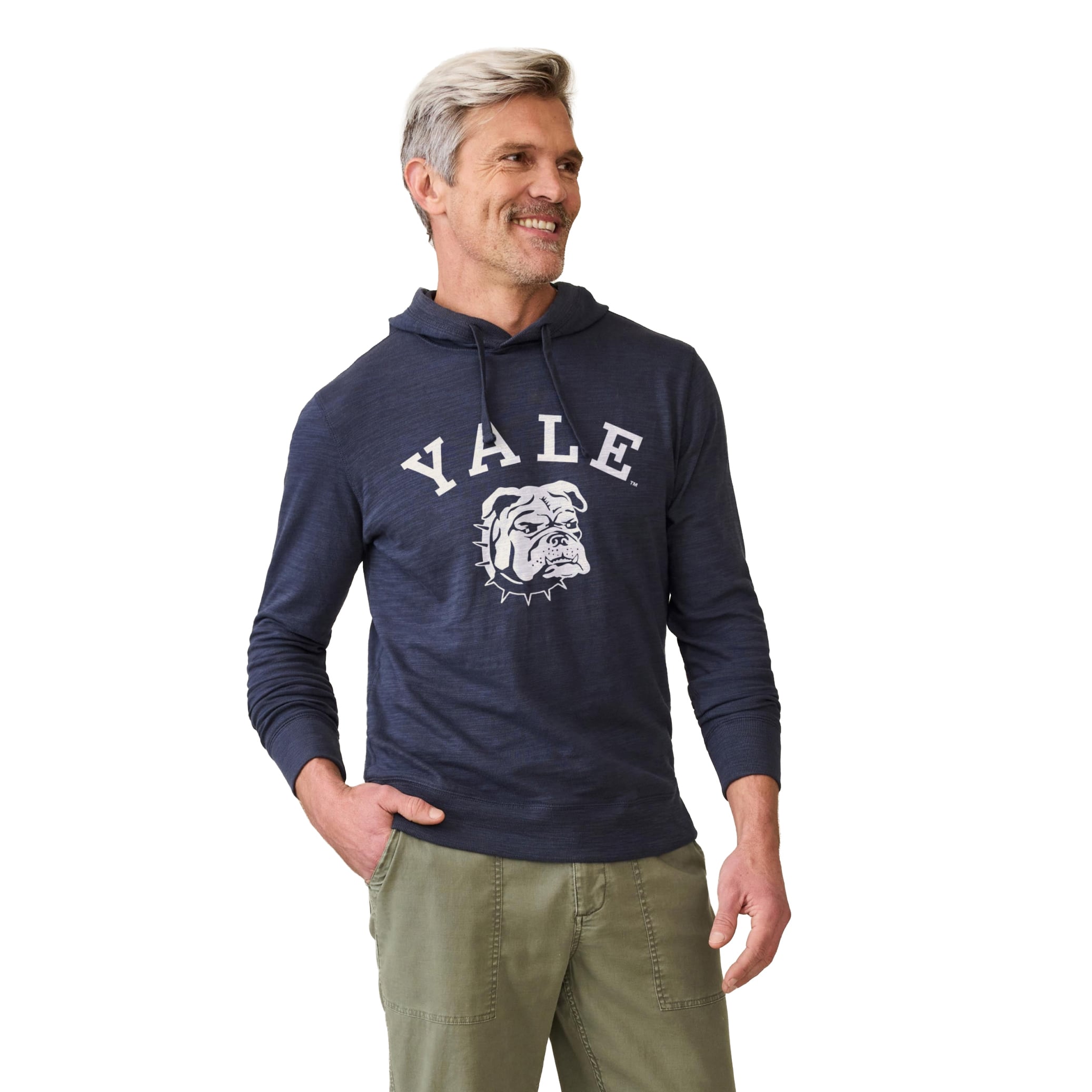 Sweat à capuche FAHERTY bleu marine Yale Bulldogs pour homme, en tissu flammé délavé.