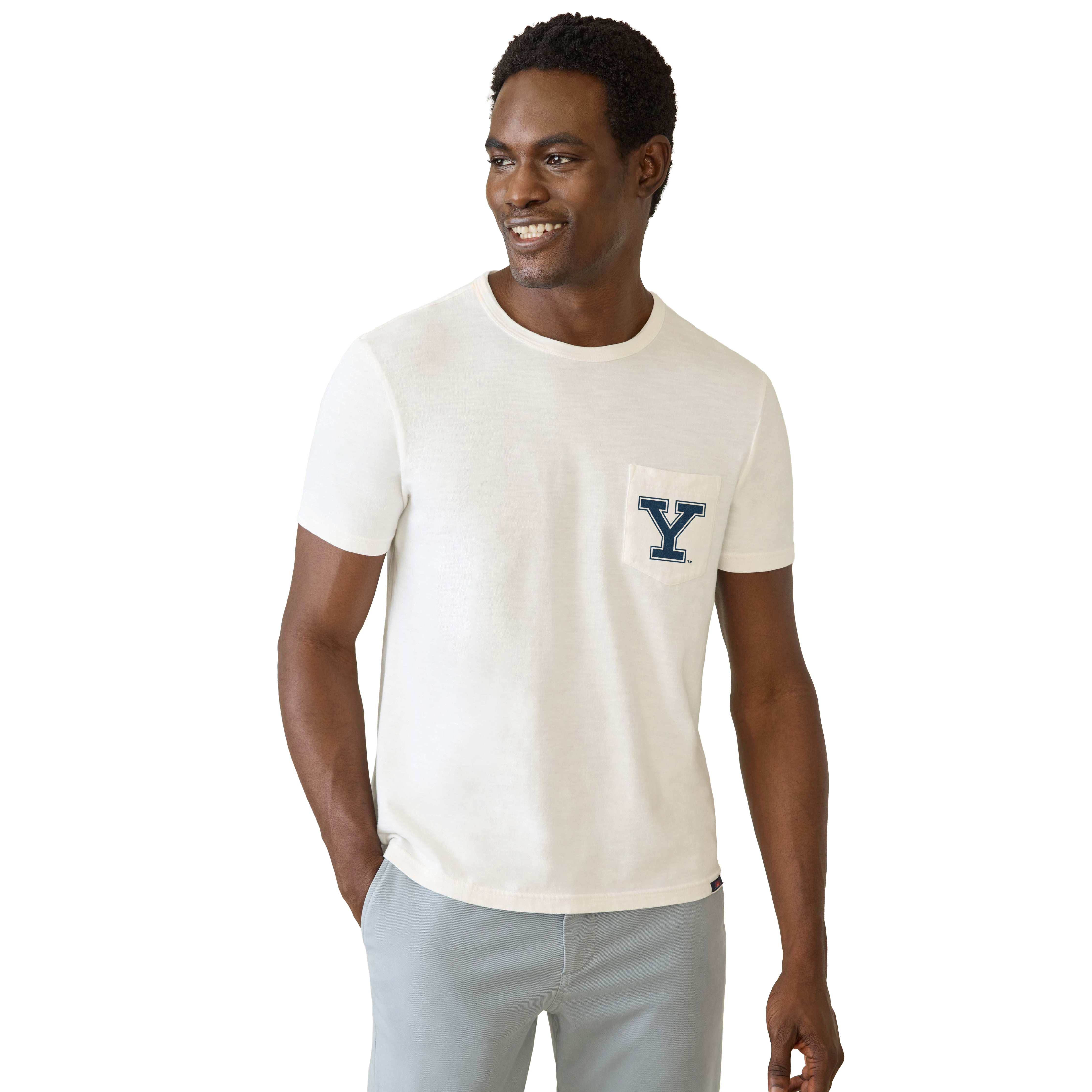 T-shirt à poche FAHERTY blanc Yale Bulldogs pour homme, délavé au soleil