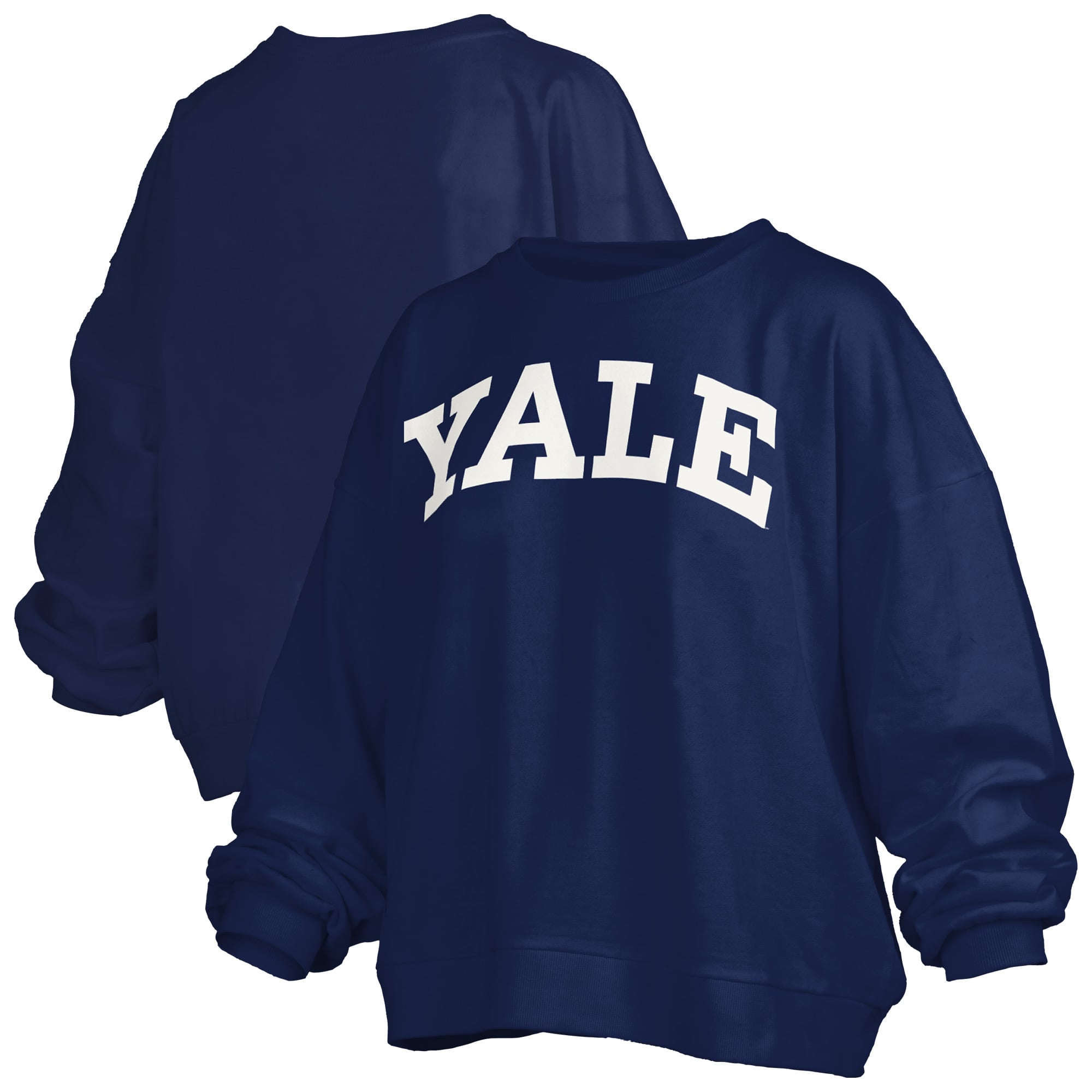 Women's Pressbox Navy Yale Bulldogs Oversized Janise Arch Over Logo Fleece Sweatshirt
