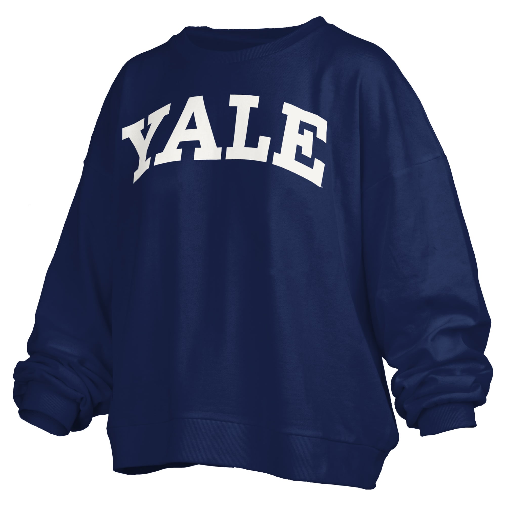 Women's Pressbox Navy Yale Bulldogs Oversized Janise Arch Over Logo Fleece Sweatshirt