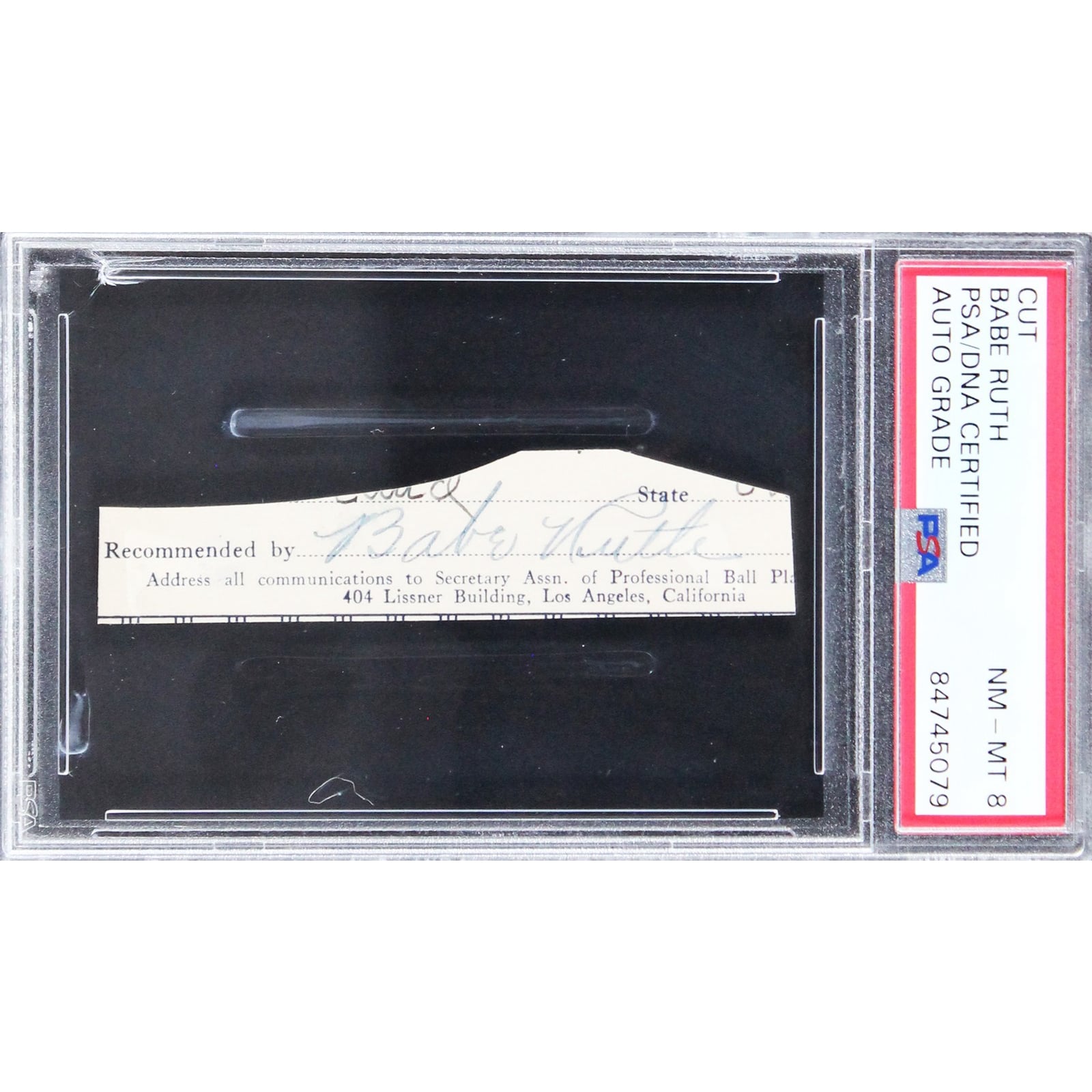 Yankees Babe Ruth Signed .65x3.25 Cut Sig Auto NM-MT 8 PSA/DNA Slabbed