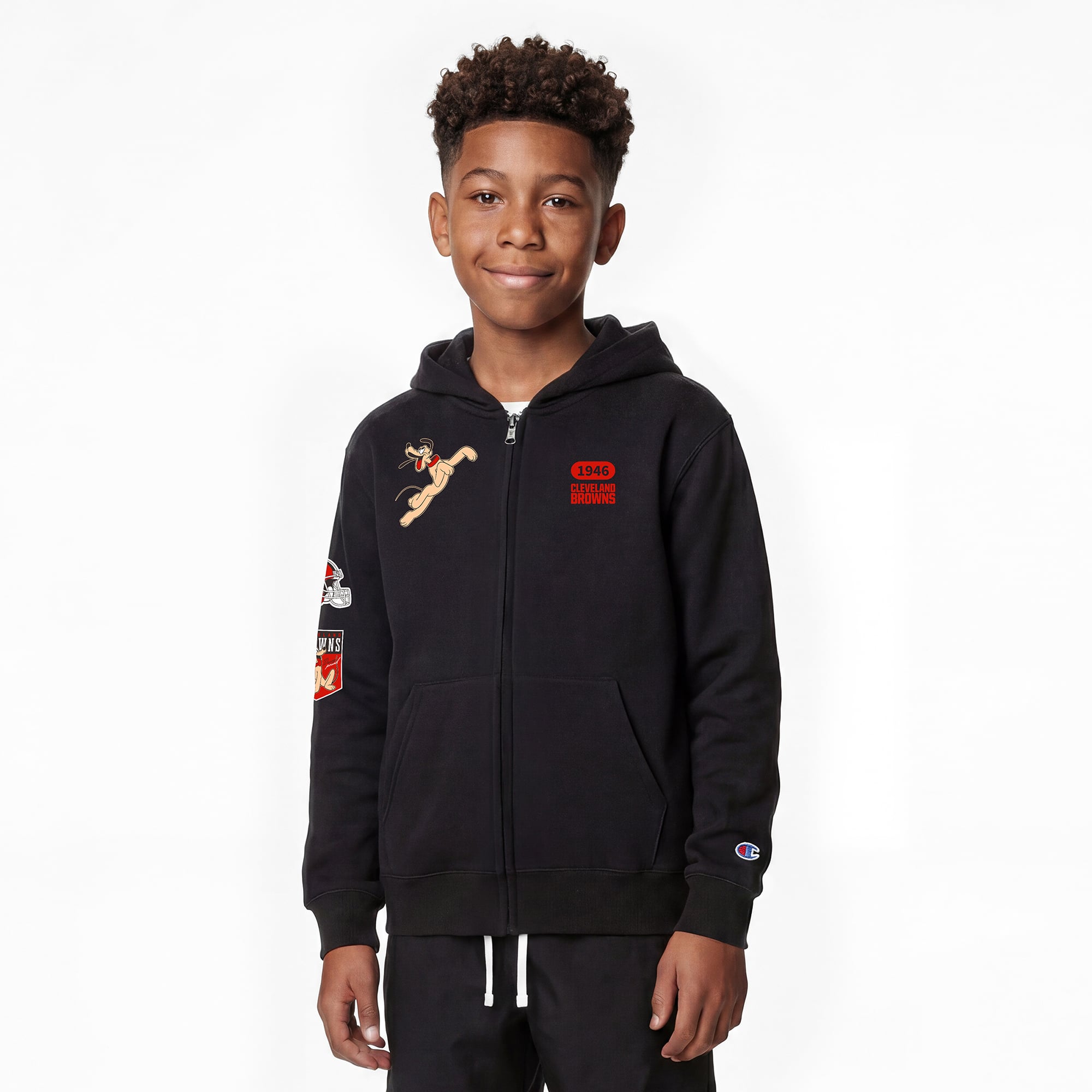 Sweat à capuche zippé Disney x Champion noir Cleveland Browns Pluto pour enfant