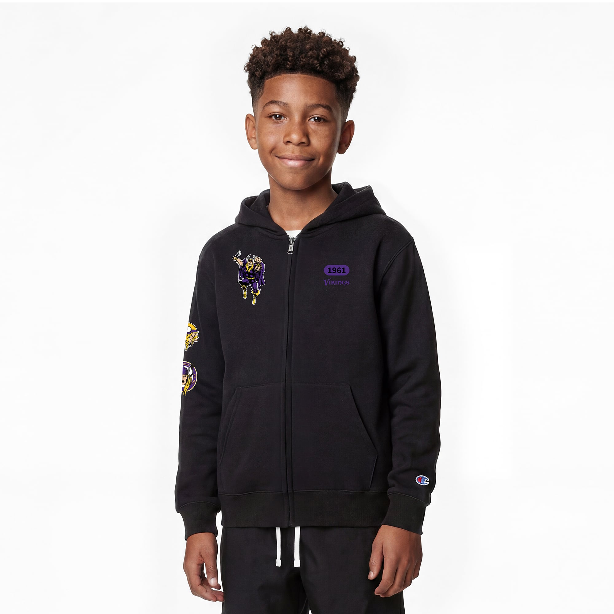 Youth Disney x Champion Black Minnesota Vikings Thor Full-Zip Hoodie