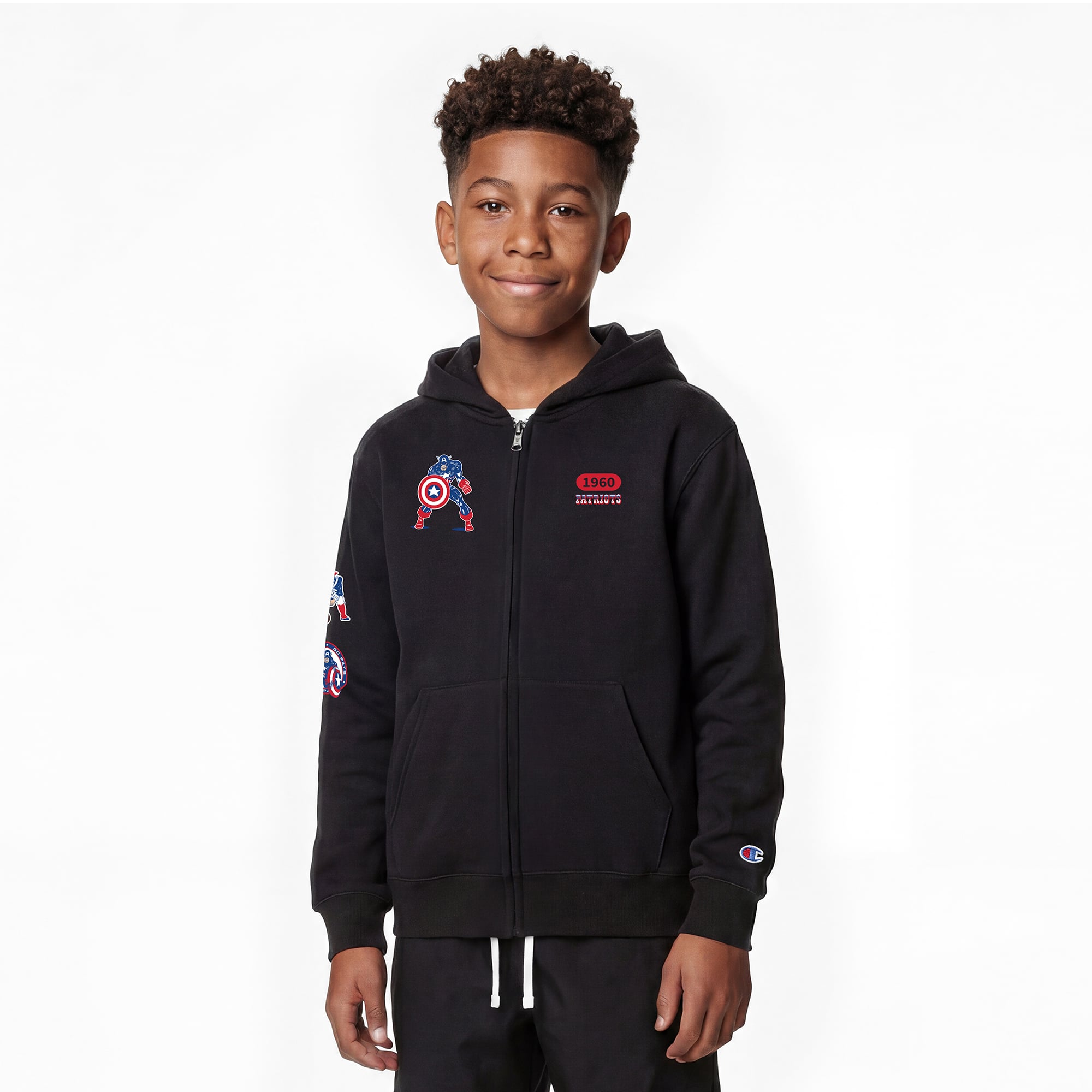 Youth Disney x Champion Black New England Patriots Captain America Full-Zip Hoodie