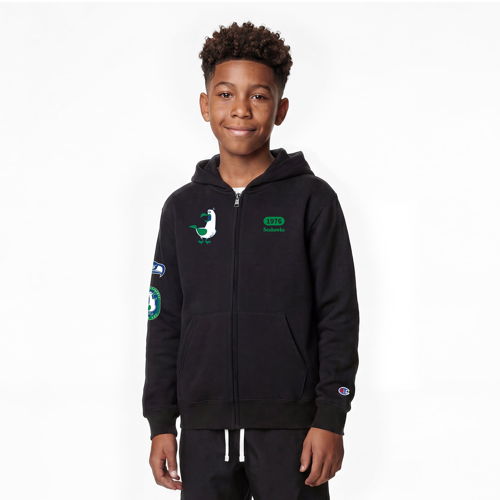 Youth Disney x Champion Black Seattle Seahawks Seagulls Full-Zip Hoodie