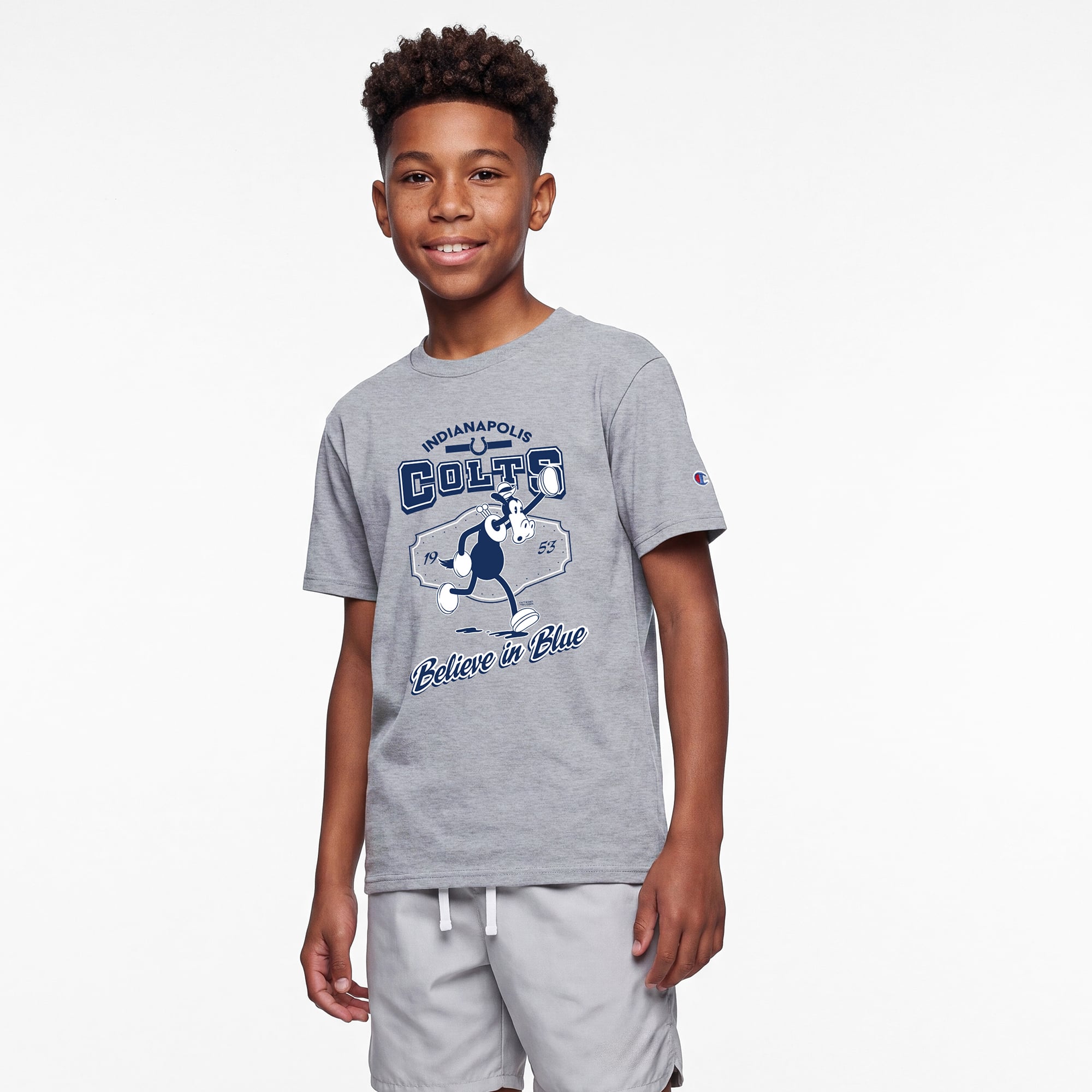 Youth Disney x Champion Heather Gray Indianapolis Colts Horace Horsecollar T-Shirt