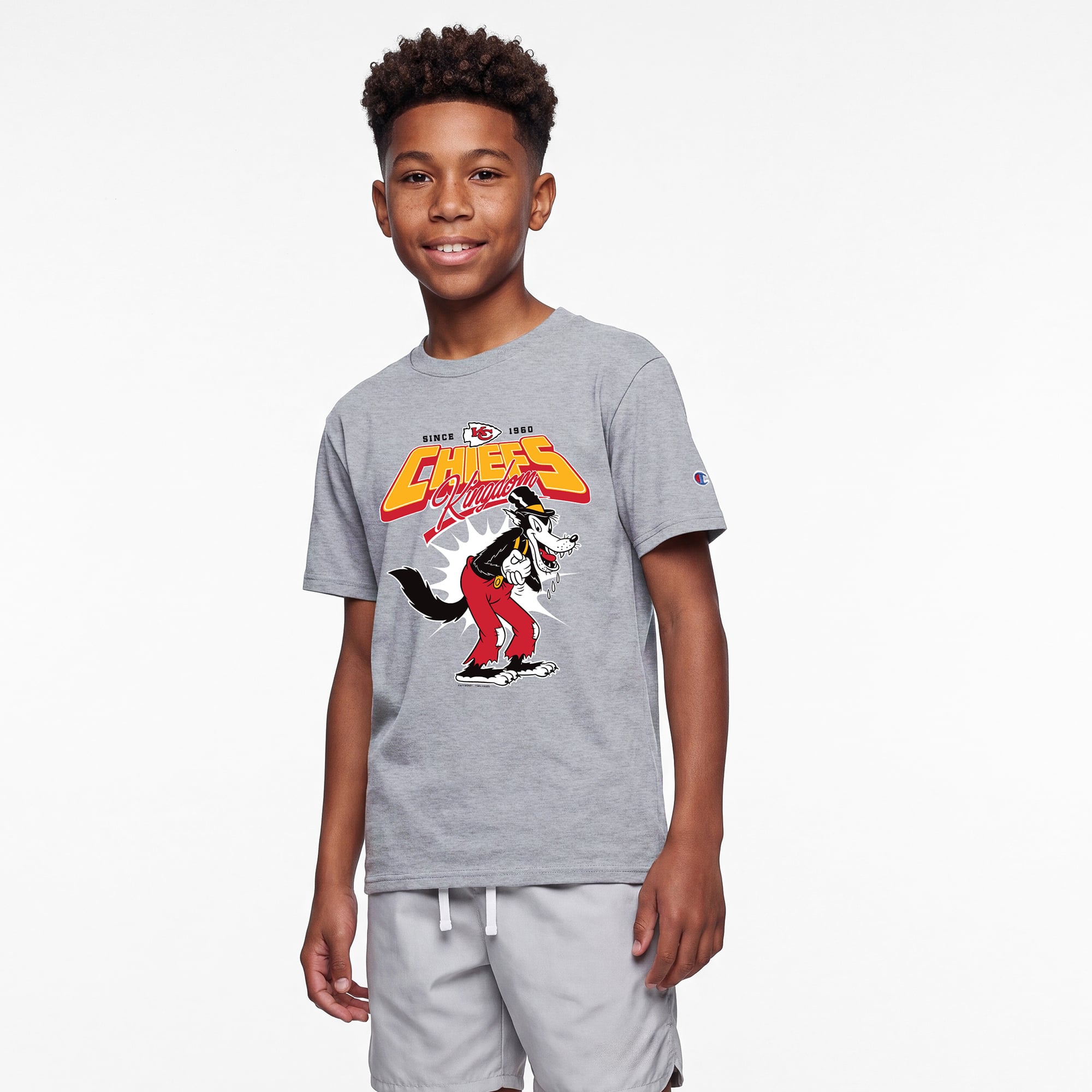 T-shirt Disney x Champion pour enfants, gris chiné, Kansas City Chiefs, Grand Méchant Loup