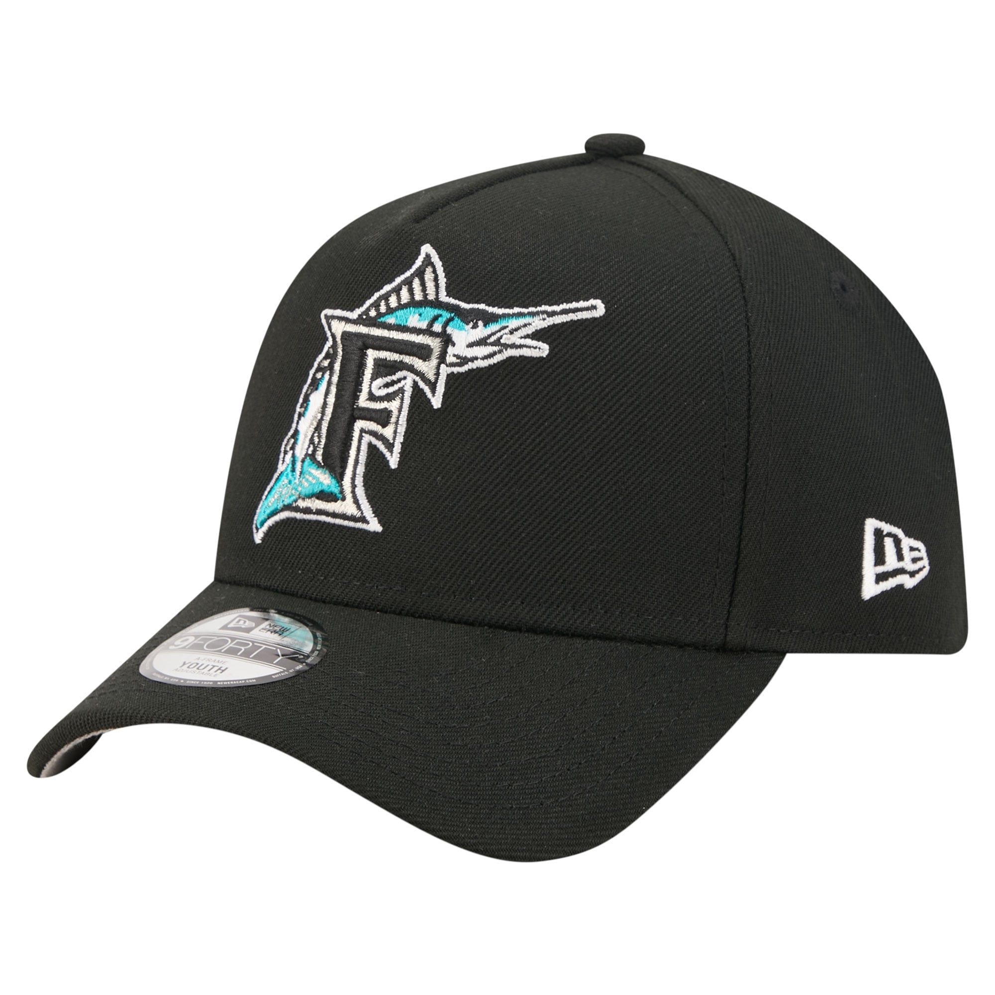 Youth New Era Black Florida Marlins Cooperstown Logo 9FORTY A-Frame Adjustable Hat